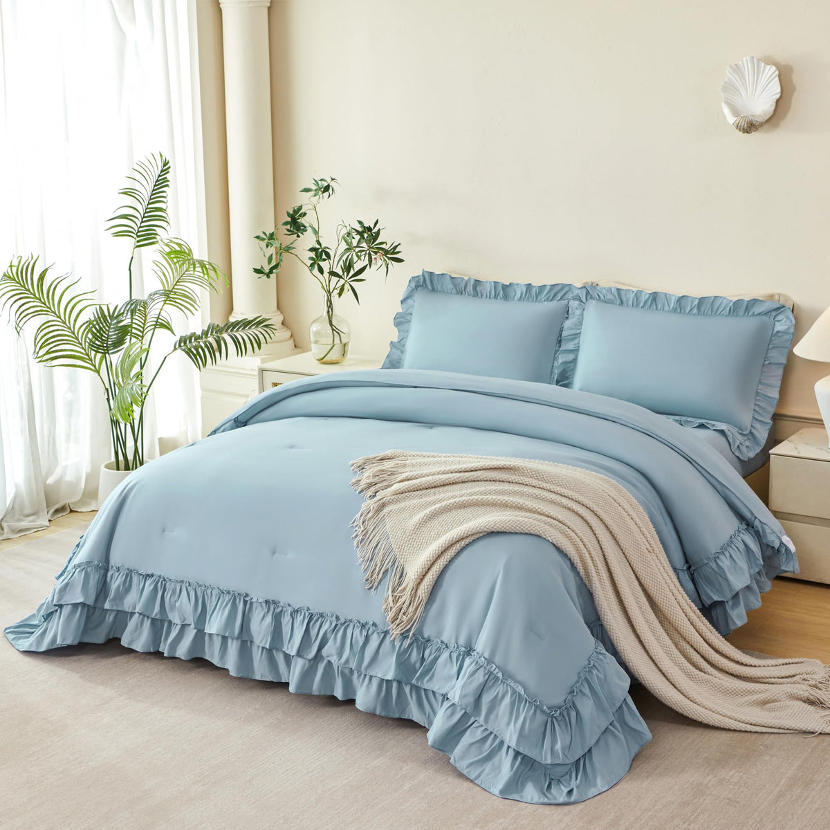 ANGIYUIN 5Pcs Beige Ruffled Comforter Set Queen Double-Layer Ruffle Bedding Comforter Set for Women Girls Fluffy Shabby Chic Bed in a Bag with Sheets(Beige Queen)