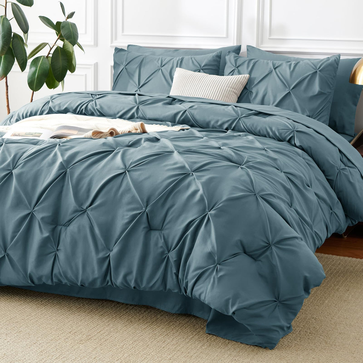 CozyLux Queen Comforter Set Black, 7 Pieces Pintuck Bed in a Bag