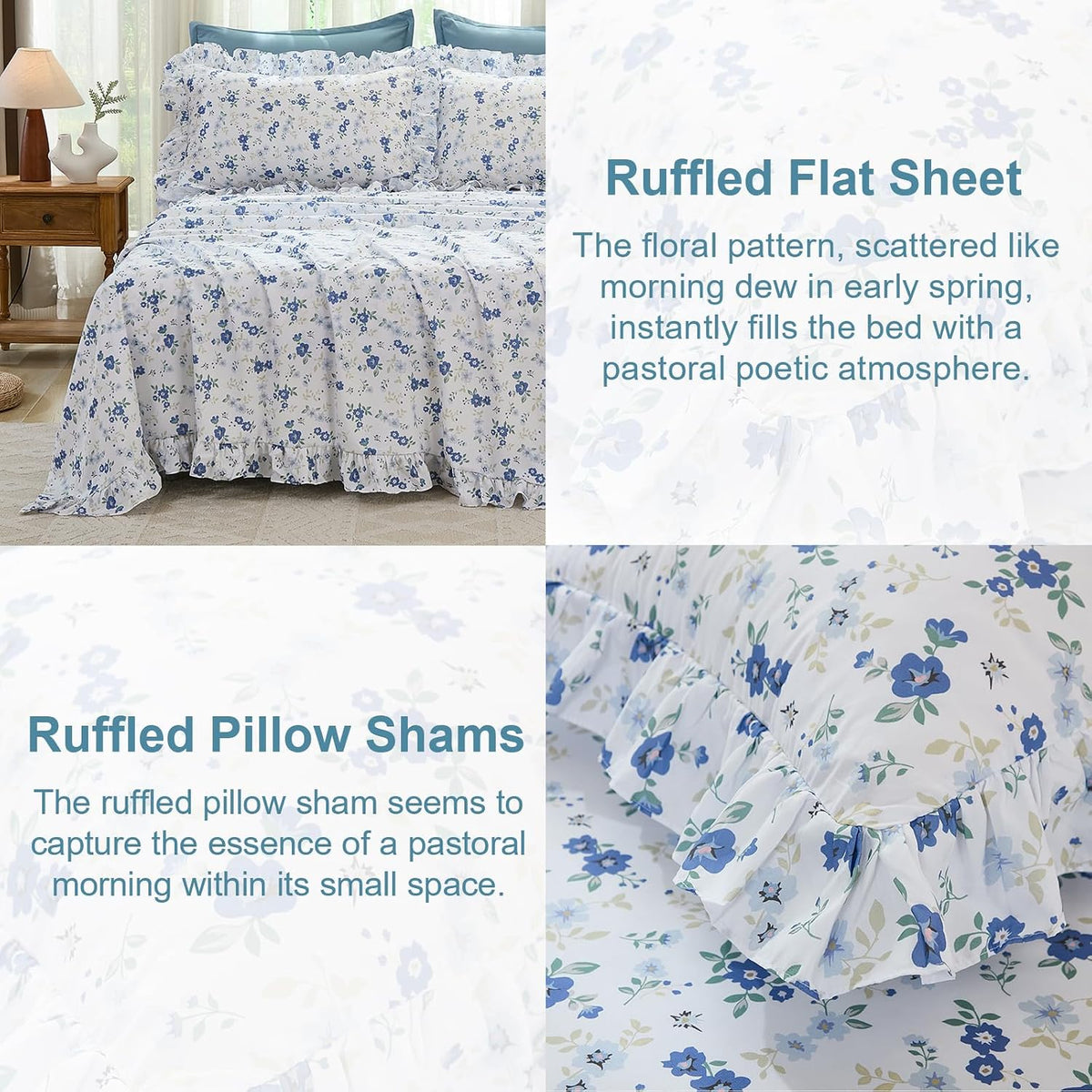 8PC Queen Comforter Set Blue, Ruffle Comforter with Floral Sheets