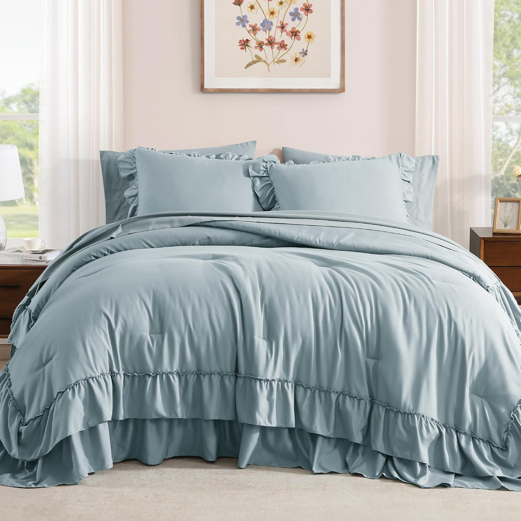 Queen Comforter Set Dusty Blue Ruffle 7 Pieces Farmhouse Bed in a Bag