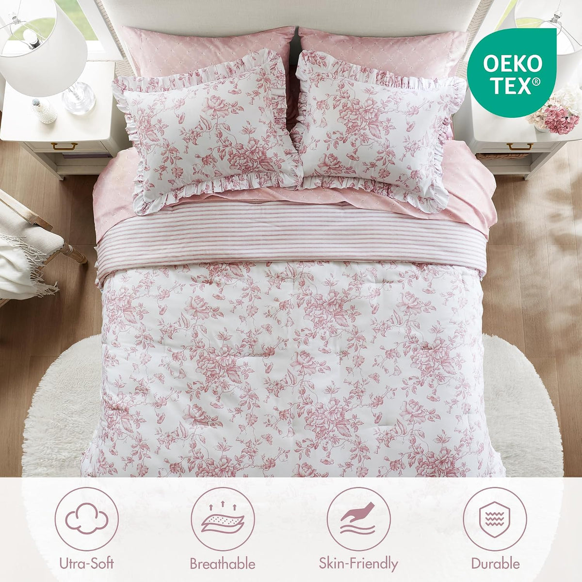 Madison Park Essentials Pink Floral Comforter Set with Sheets King,7pc