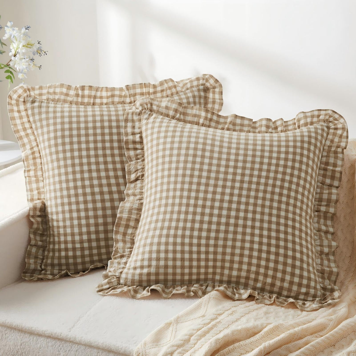 KKJIAF 2 Pcs Plaid Ruffle Pillow Case Standard Size, Sage Green Plaid
