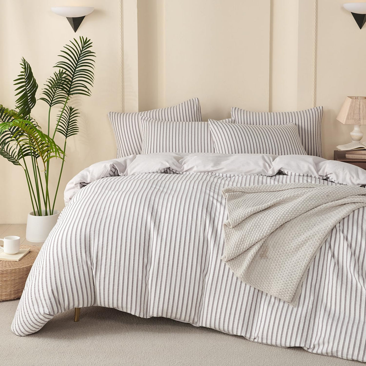 Comforter Set King Size Dusty Pink Soft Luxury Washed Microfiber Jacquard 3 Pieces Bedding Set, White Dusty Pink Vertical Ticking Stripes Comforter with 2 Pillowcases Breathable Durable Comfy