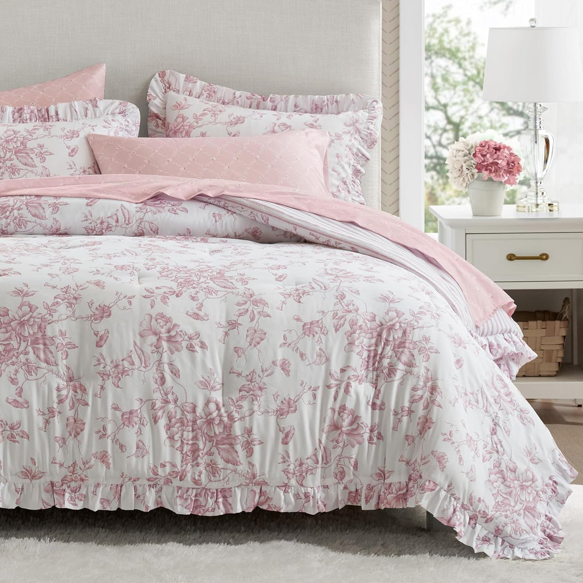 Madison Park Essentials Pink Floral Comforter Set with Sheets King,7pc