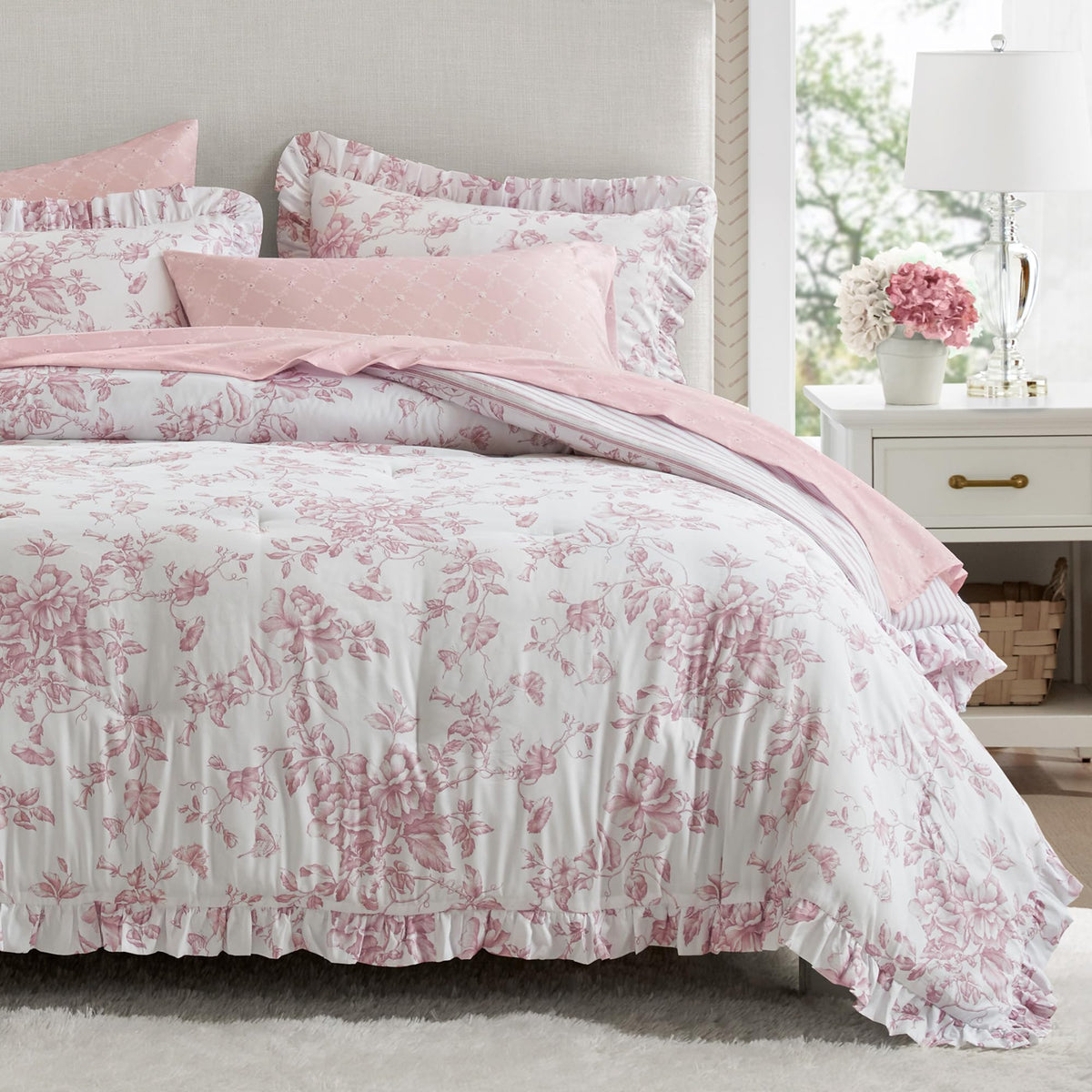 Madison Park Essentials Pink Floral Comforter Set with Sheets King,7pc