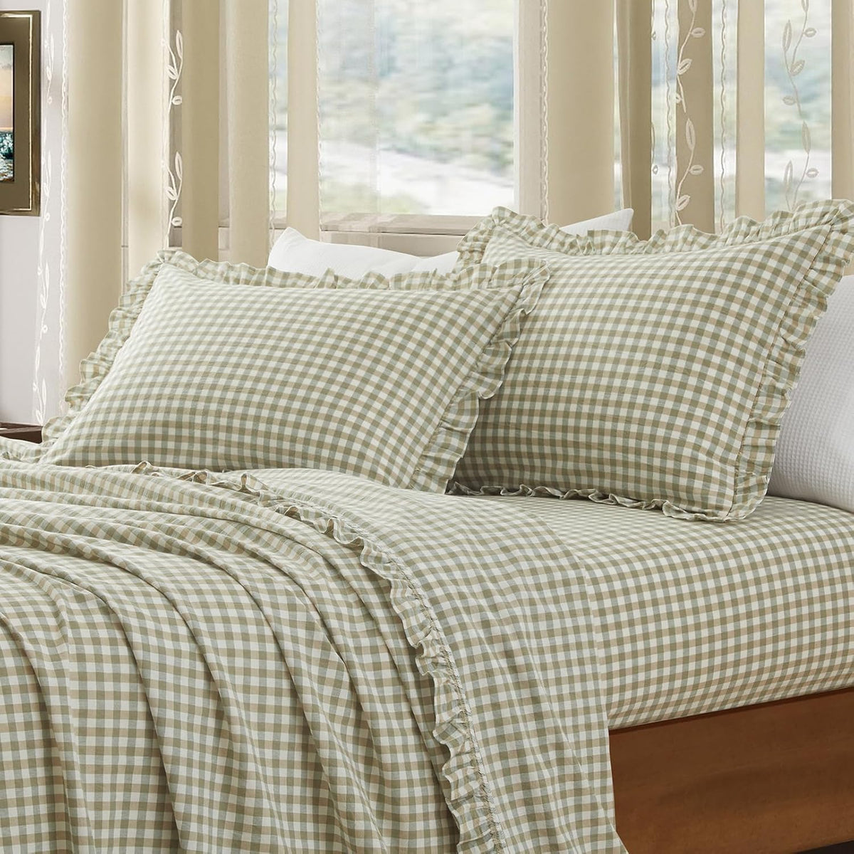 KKJIAF 2 Pcs Plaid Ruffle Pillow Case Standard Size, Sage Green Plaid