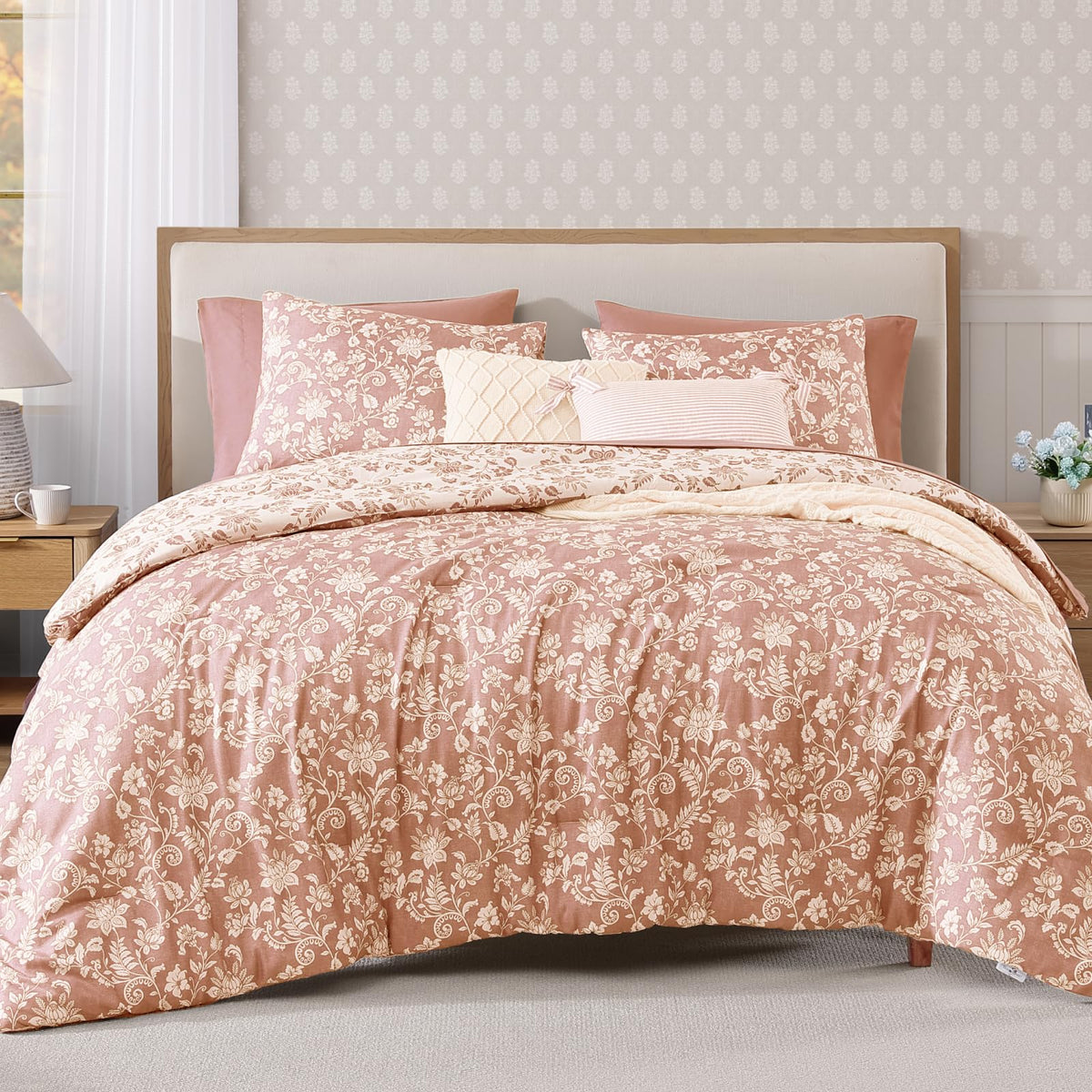 BLOOMHAVEN King Size Comforter Set-7 Pieces Blue Floral Bed in a Bag King
