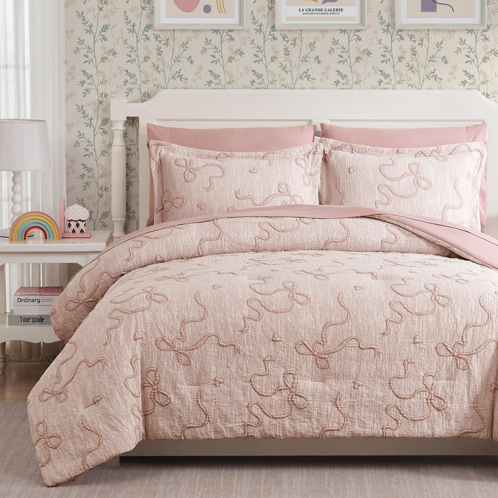 Queen Comforter Set - 7 Pieces Pink Bedding Set Bow Jacquard Bed in a Bag