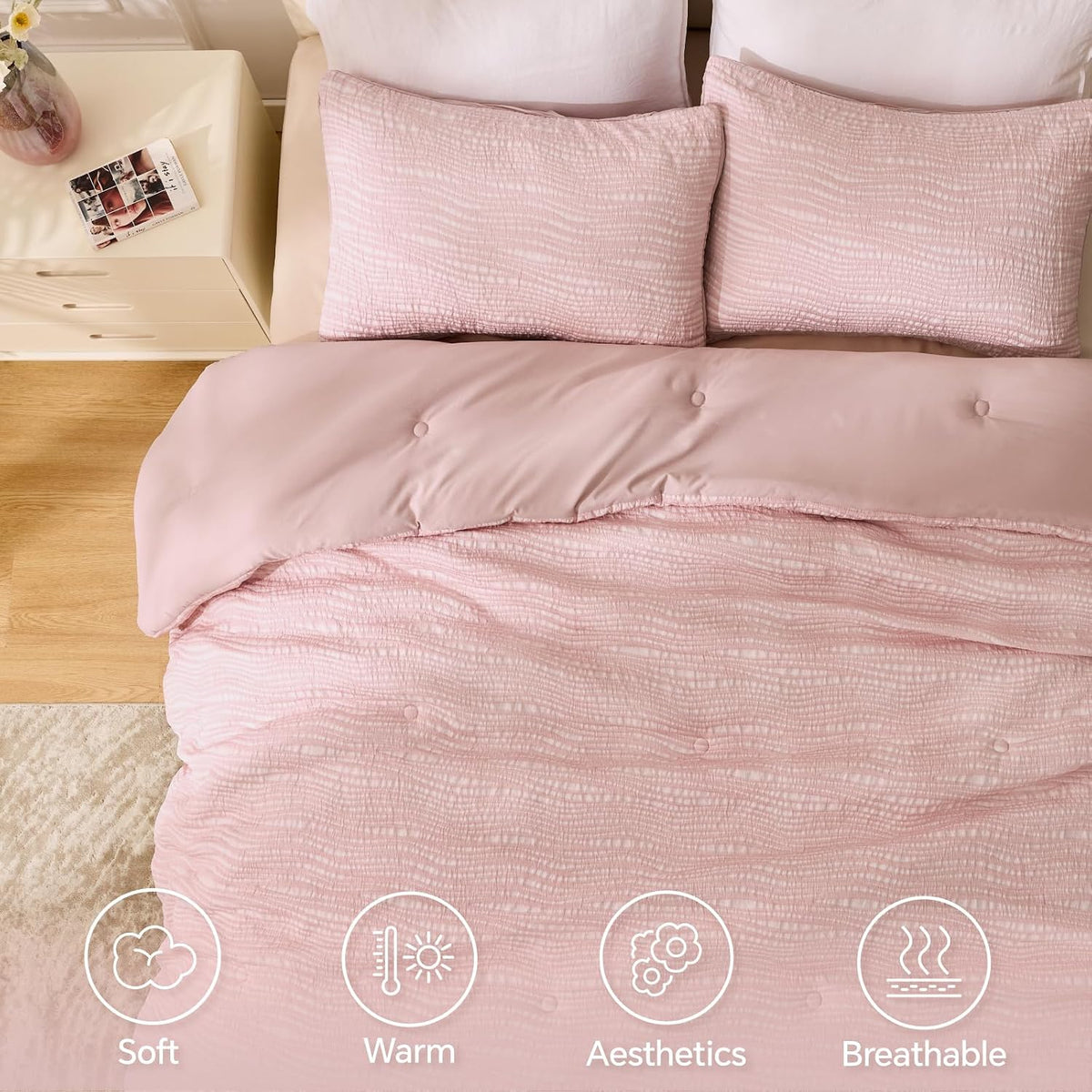 BEDELITE King Comforter Set Striped-Blush Pink,Fluffy & Soft Comforter
