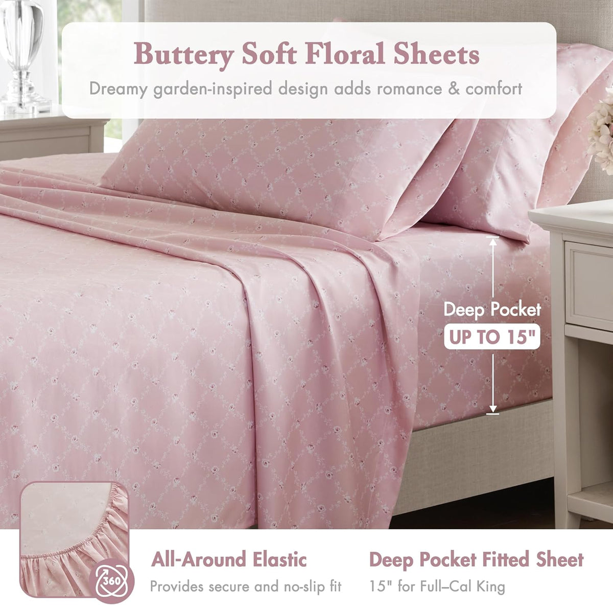 Madison Park Essentials Pink Floral Comforter Set with Sheets King,7pc