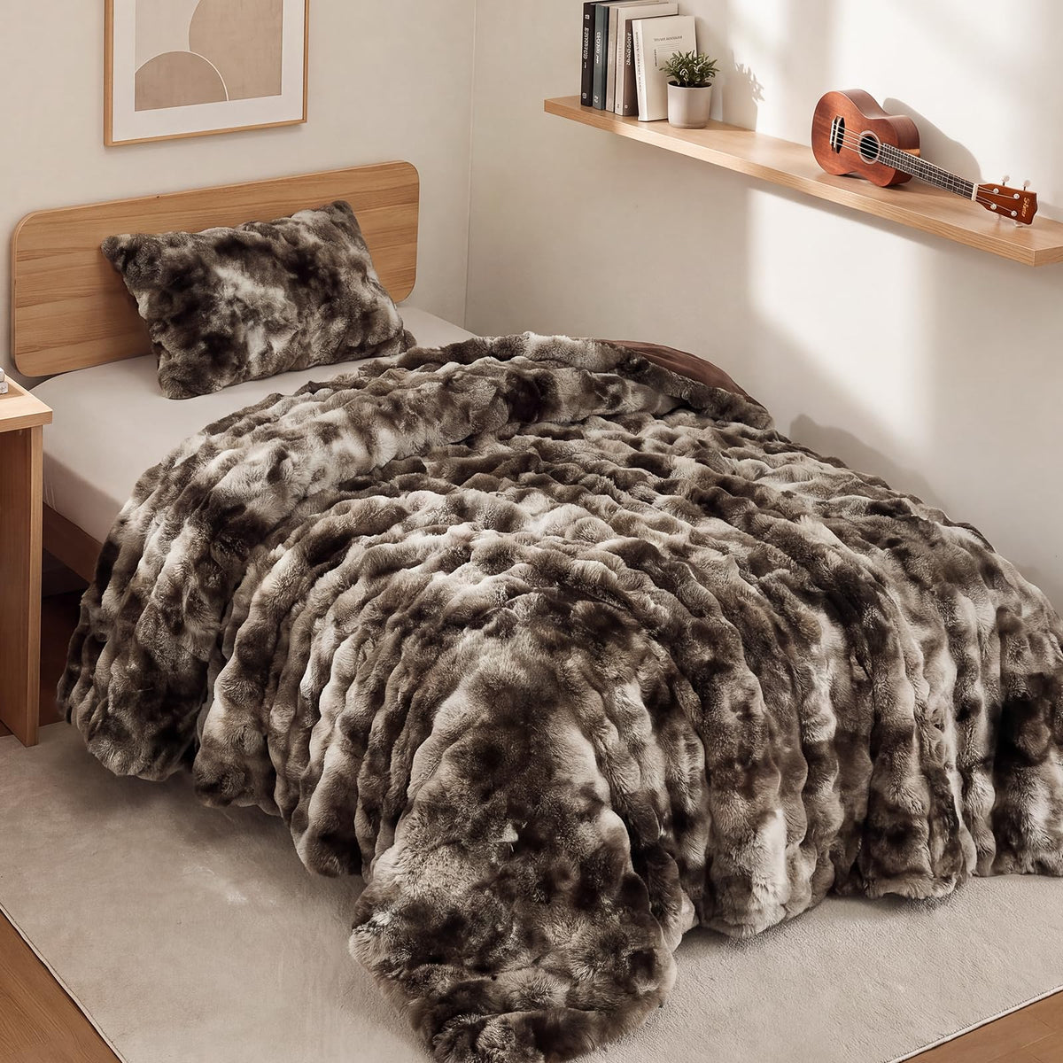 YIKUSH Queen Faux Fur Soft Comforter Set, Fluffy Linen Rabbit Fur Comforter