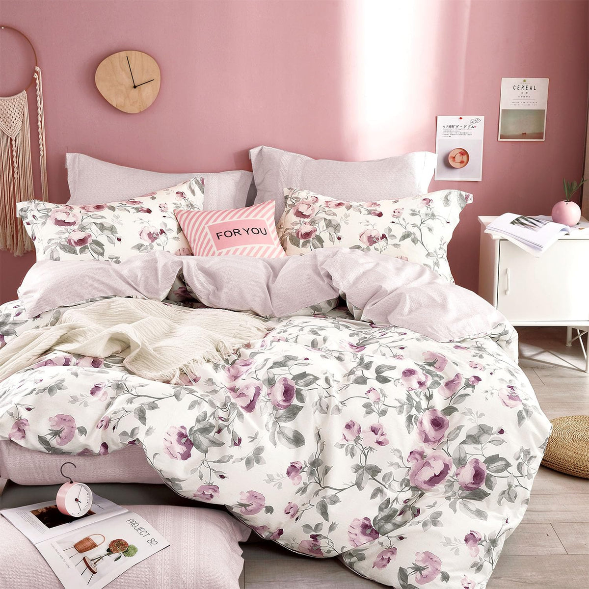 ALEISSEL Natural Cotton 3pcs Floral Comforter Sets King Size-Yellow Comforter with Pink & Yellow Flowers and Blue & Green Leaves on White, Reversible Lightweight Bedding Sets(King 104"×90")