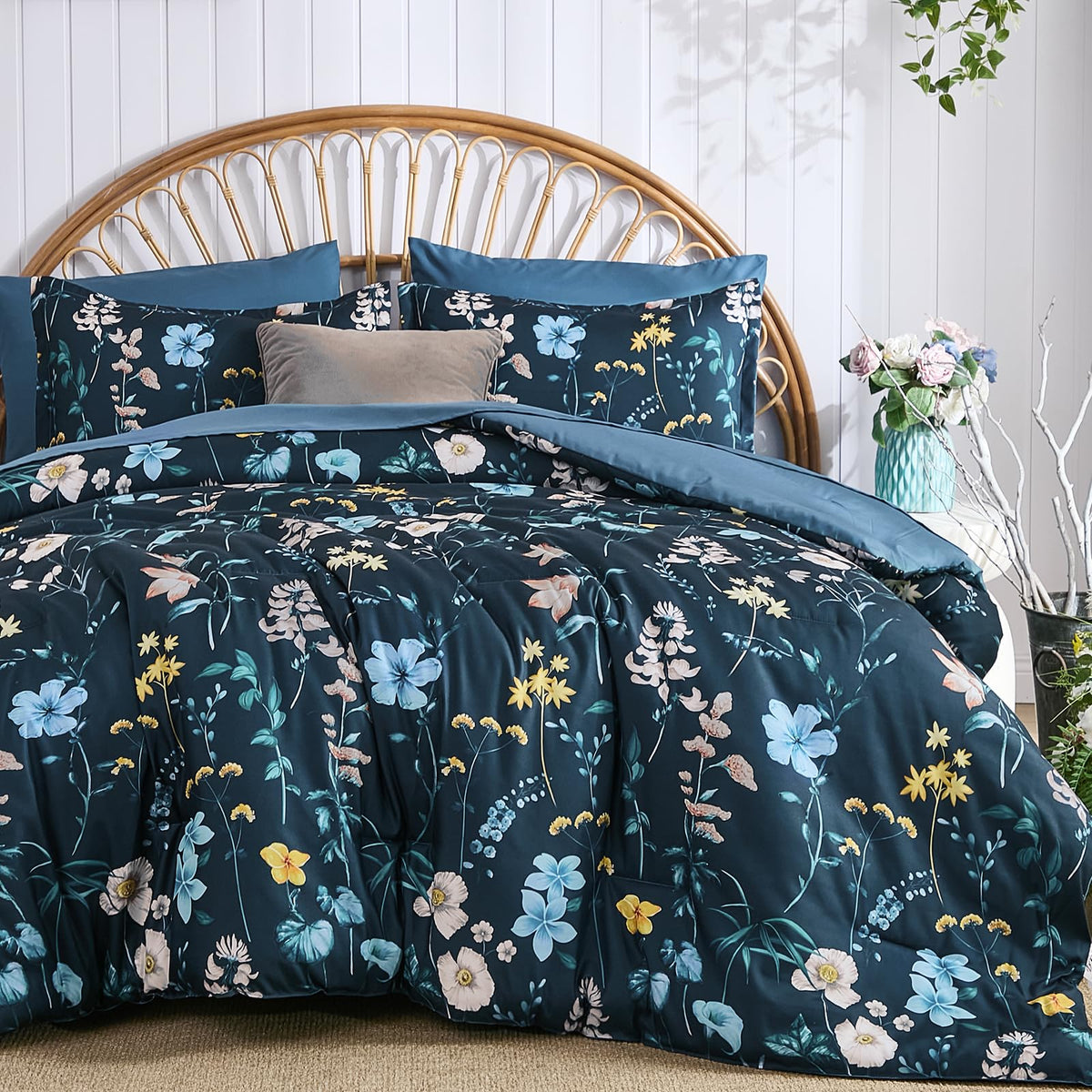 DJY Floral Comforter Set Queen Size,Brown Botanical Bedding Sets