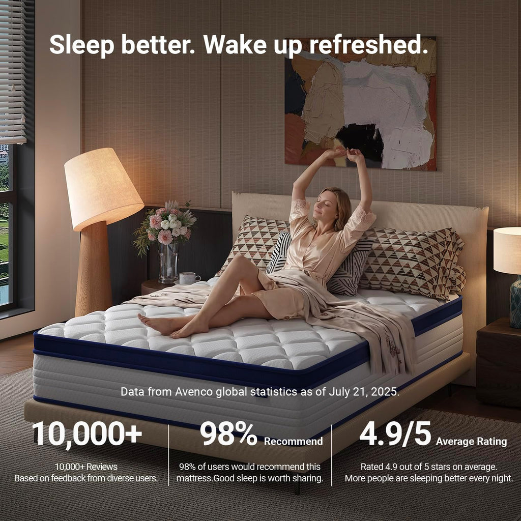 Avenco SleepSphere 10 Inch Queen Mattress, Queen Size Mattresses with Smart Coil Spring Technology for Pressure Relief, Breathable Cover Motion Isolation CertiPUR-US Certified Bed Mattress in a Box