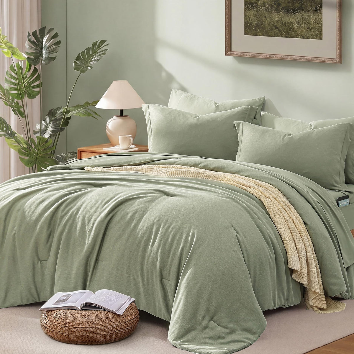 King Bedding Set - 7 Pieces Green Comforter Set King Size Soft Bed in a Bag