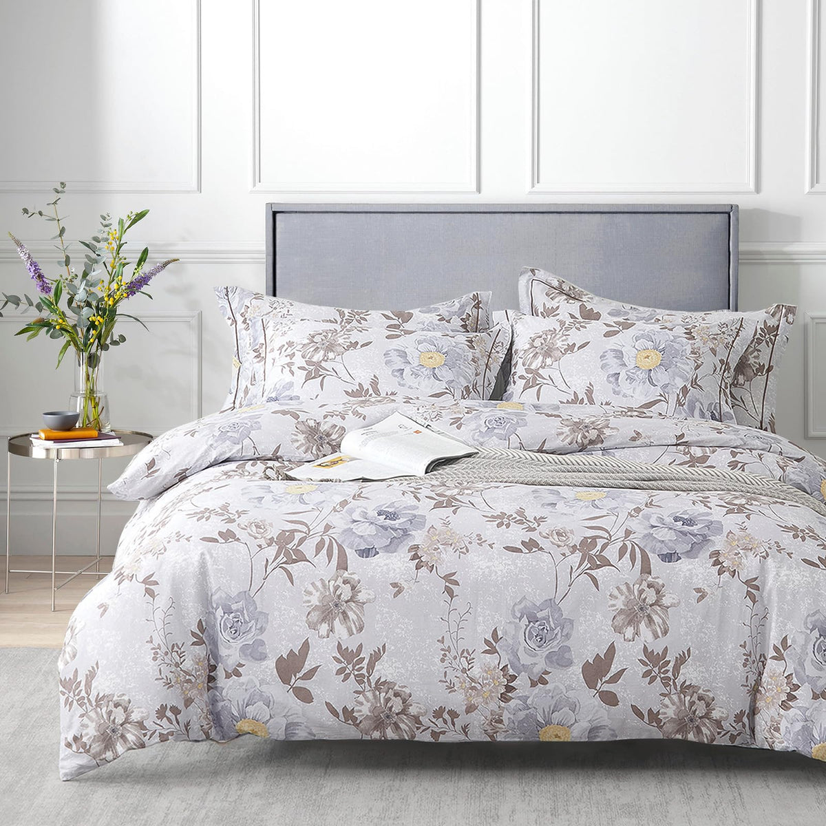ALEISSEL Natural Cotton 3pcs Floral Comforter Sets King Size-Yellow Comforter with Pink & Yellow Flowers and Blue & Green Leaves on White, Reversible Lightweight Bedding Sets(King 104"×90")