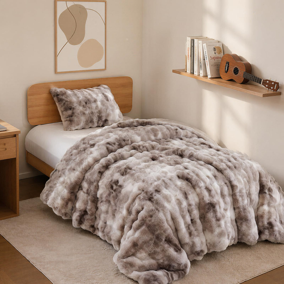 YIKUSH Queen Faux Fur Soft Comforter Set, Fluffy Linen Rabbit Fur Comforter