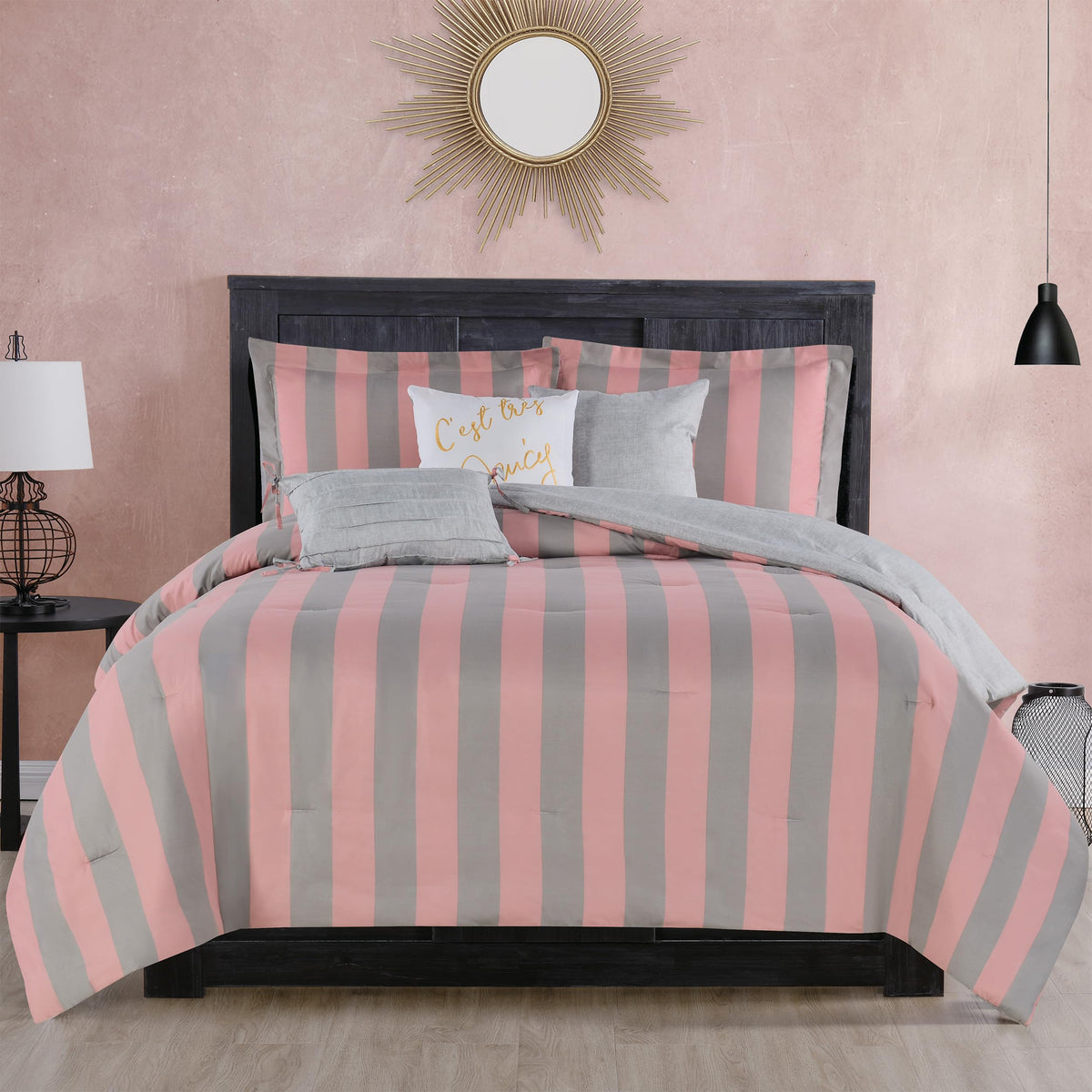 Juicy Couture Cabana Stripe Reversible Bedding Set - Queen Size - Black and White Stripe Print – 6 Piece Set – Includes 1 90" x 90" Comforter, 3 Decorative Pillows, 2 Shams