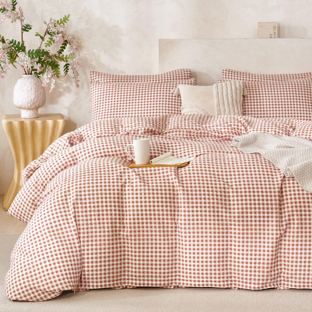 Comforter Set King Size Dusty Pink Soft Luxury Washed Microfiber Jacquard 3 Pieces Bedding Set, White Dusty Pink Vertical Ticking Stripes Comforter with 2 Pillowcases Breathable Durable Comfy