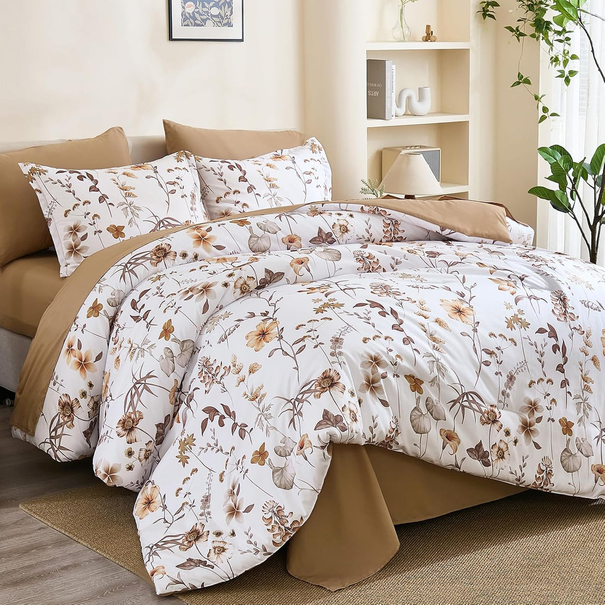 DJY Floral Comforter Set Queen Size,Brown Botanical Bedding Sets