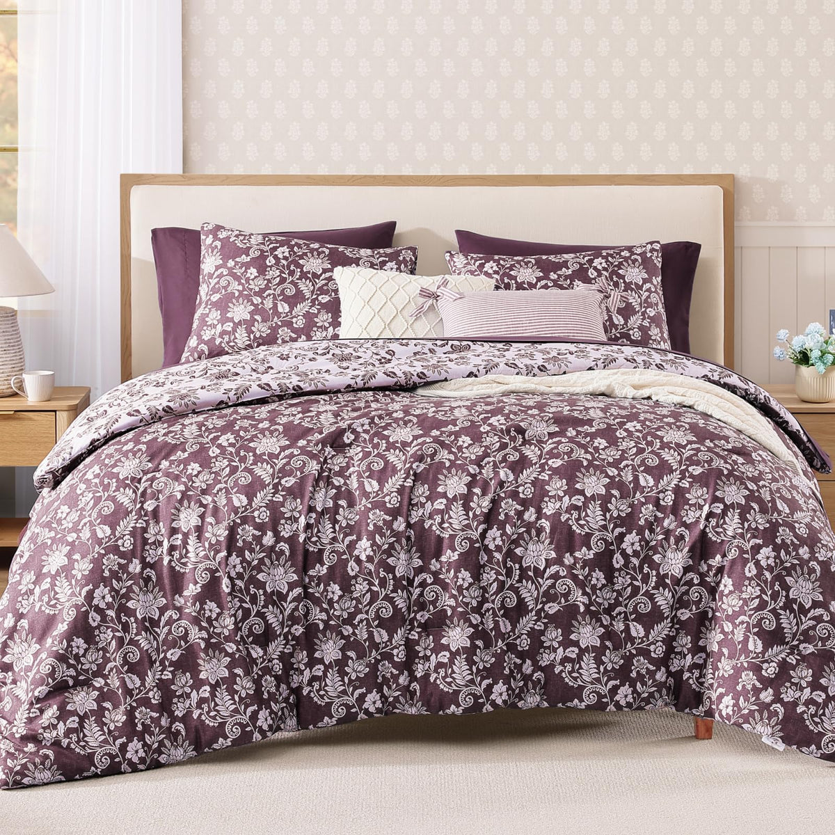 BLOOMHAVEN King Size Comforter Set-7 Pieces Blue Floral Bed in a Bag King