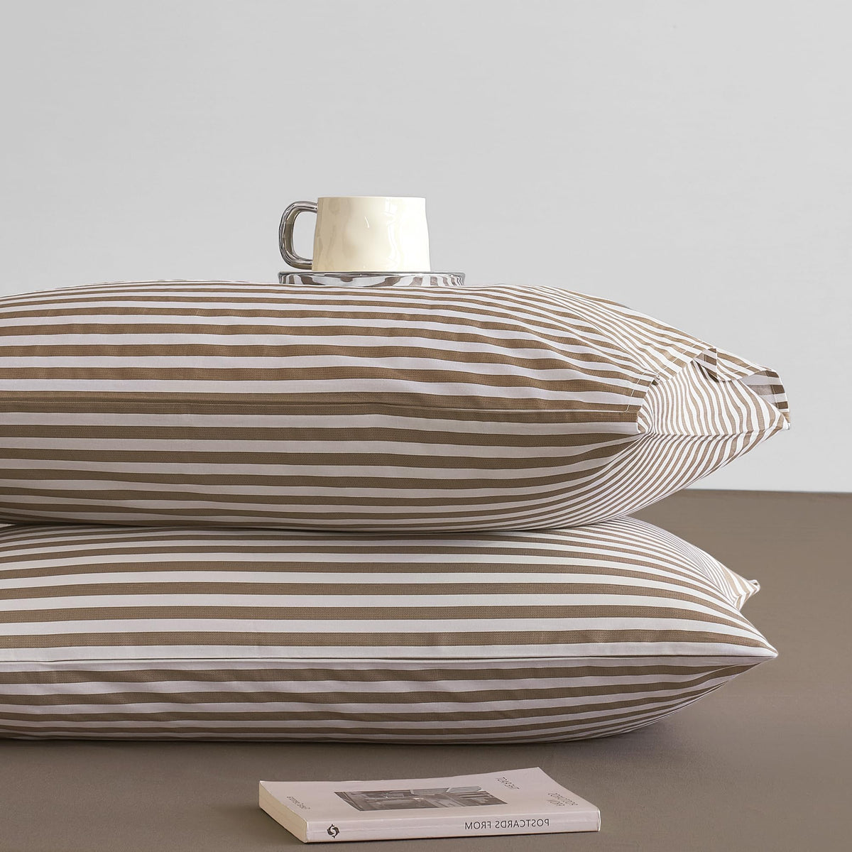 JELLYMONI Cotton Classic Striped Pillowcases Set of 2, Tan, Standard