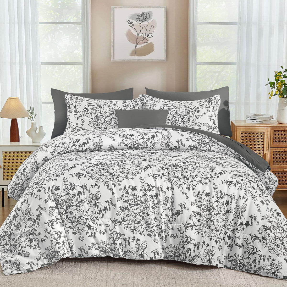 WONGS BEDDING 8 Pieces Queen Size Comforter Set Green, Sage Green Floral Bed in a Bag Comforter Sets, Soft Reversible Botanical Flowers Bedding Sets for All Season (90"x90")