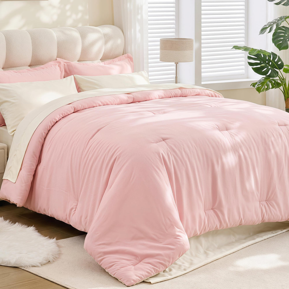 BDEUS 7 Pieces Comforter Set King Size, Reversible Oatmeal & Sage Green Bedding Set, Soft Brushed Microfiber Comforter with Flat Sheet, Fitted Sheet, Pillowcases & Shams, 104"X90"