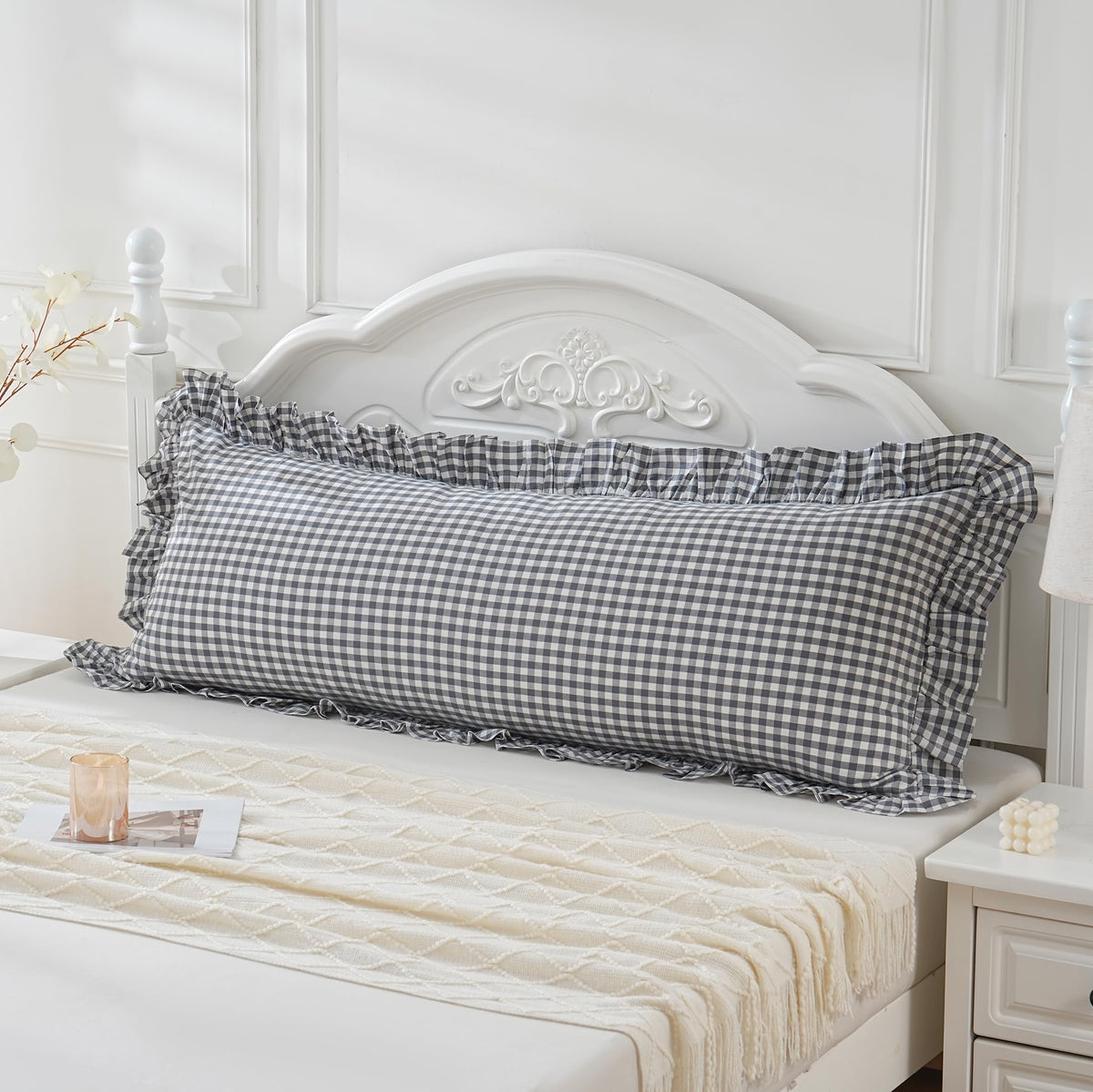 Taupe/White Plaid Ruffled Body Pillow Cover Washed Cotton 20"x54"