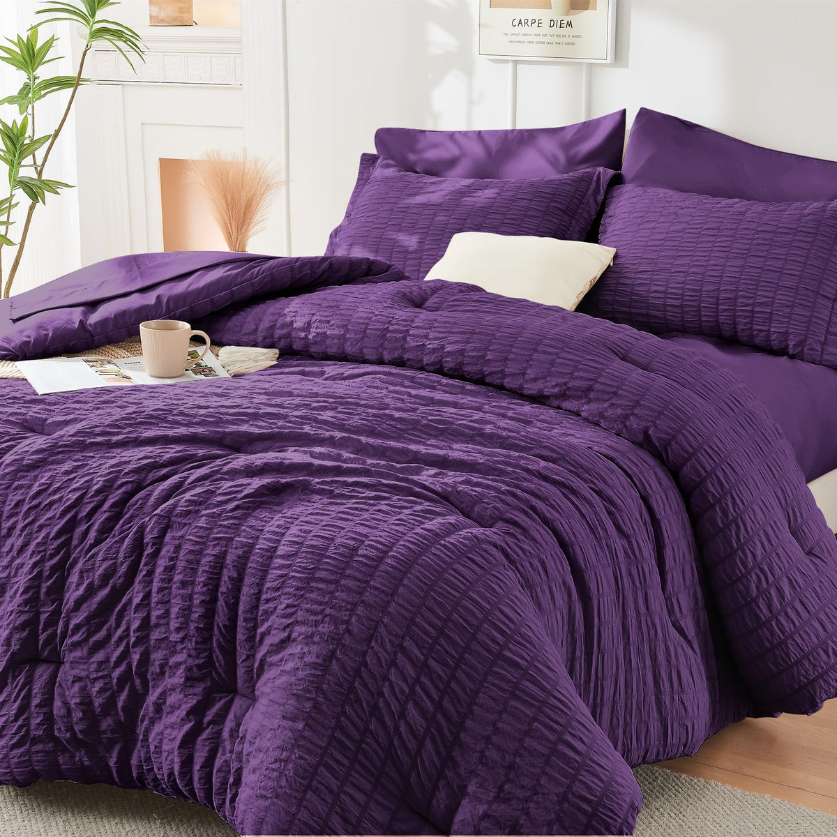 King Comforter Set - 7PCS Bed in a Bag, Seersucker Bedding Set, Dark Grey