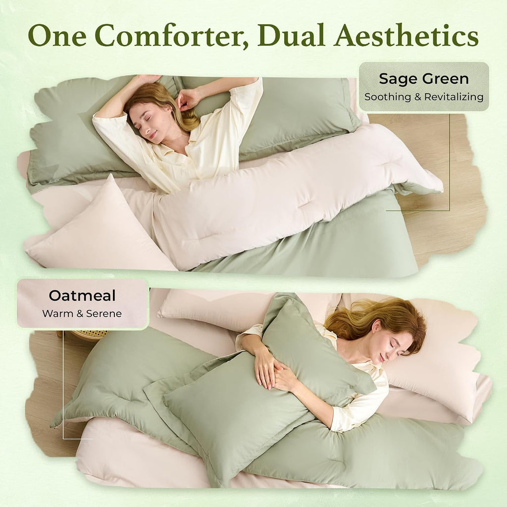 BDEUS 7 Pieces Comforter Set King Size, Reversible Oatmeal & Sage Green Bedding Set, Soft Brushed Microfiber Comforter with Flat Sheet, Fitted Sheet, Pillowcases & Shams, 104"X90"