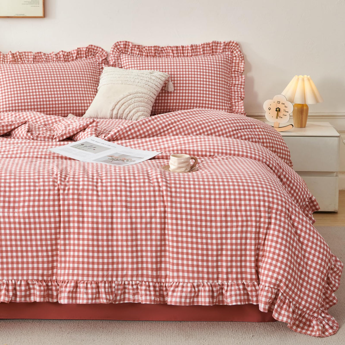 RYNGHIPY 5 Pcs Gingham Bedding Set Queen Yellow Ruffle Comforter Sets