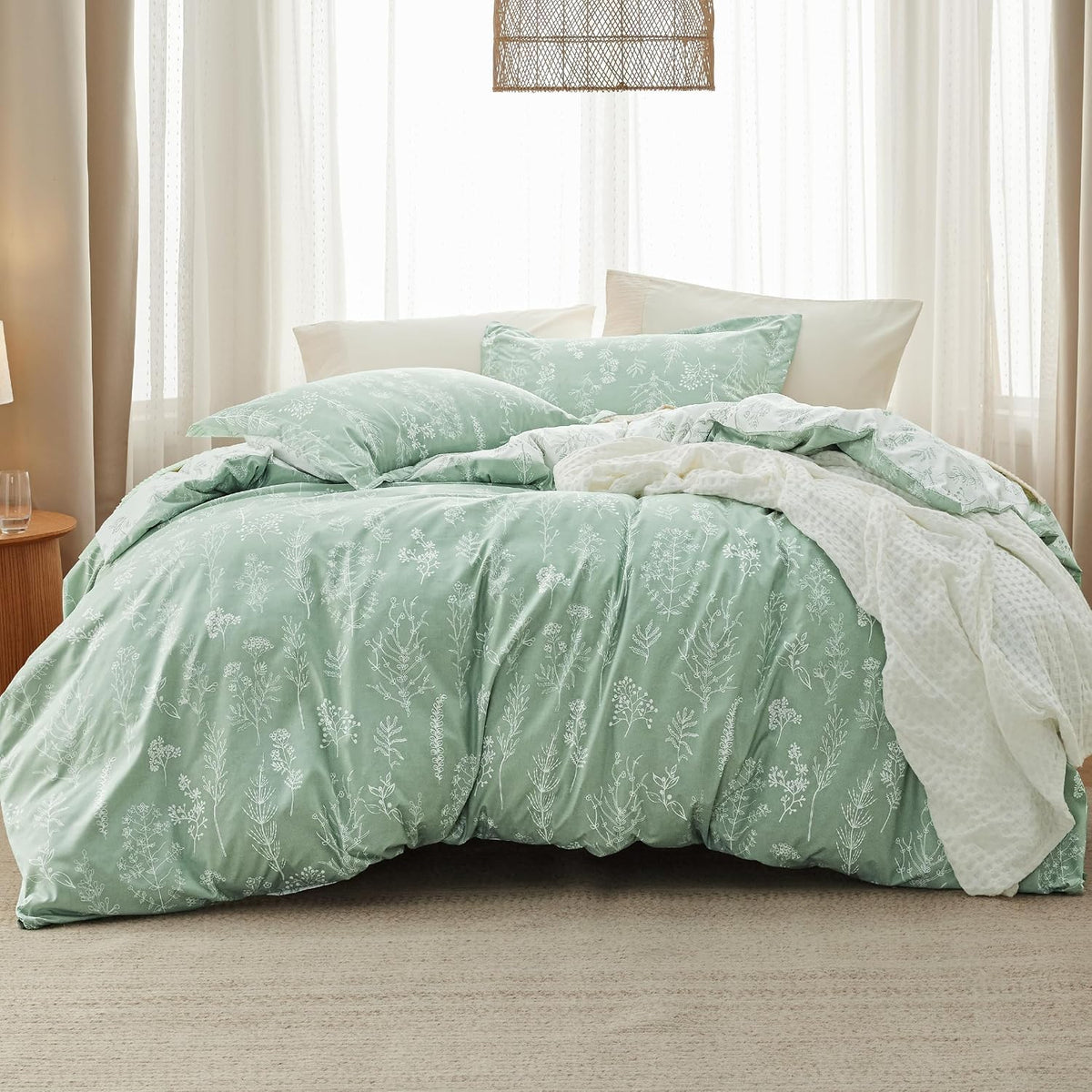 Bedsure Floral Comforter Set Cute Bedding Set California King Sage Green