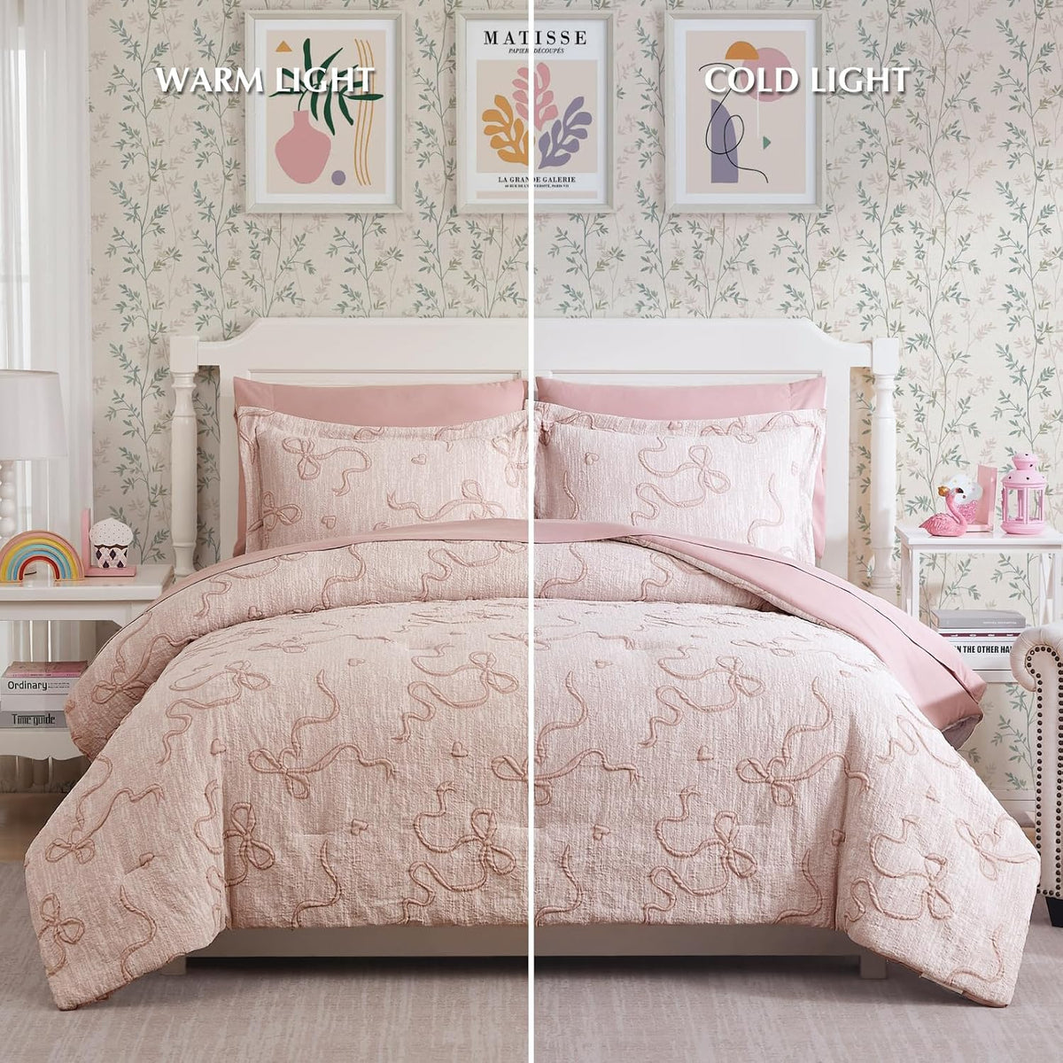 Queen Comforter Set - 7 Pieces Pink Bedding Set Bow Jacquard Bed in a Bag