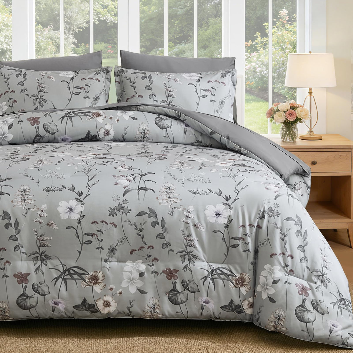 DJY Floral Comforter Set Queen Size,Brown Botanical Bedding Sets