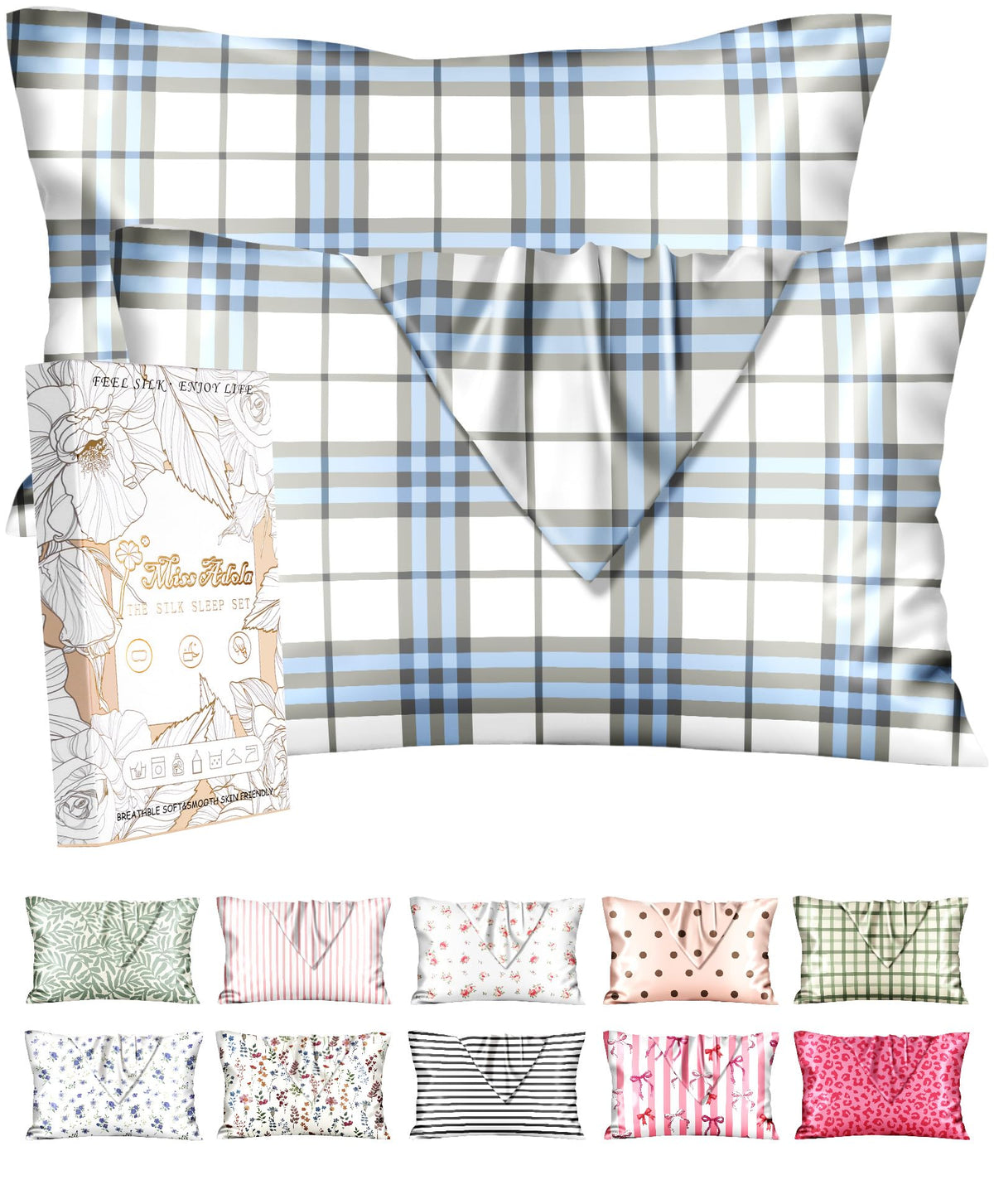 Miss Adola 2pcs Silk Pillowcase with Hidden Zipper, Pink Stripes