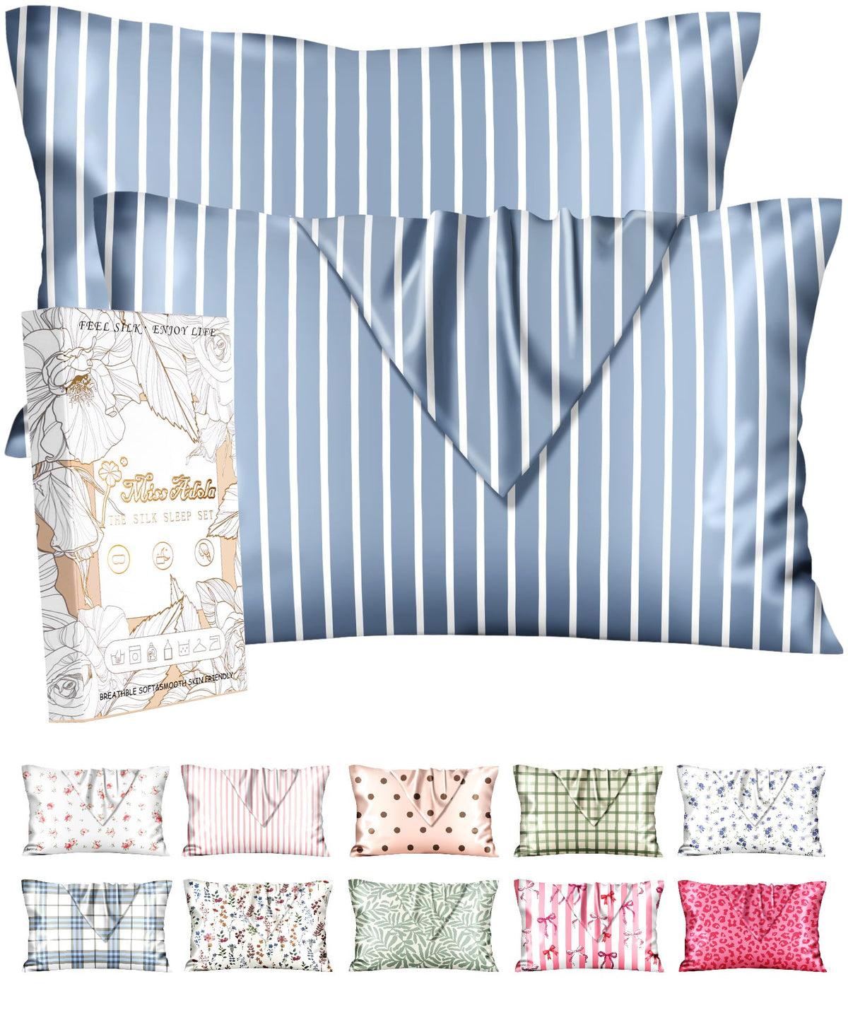 Miss Adola 2pcs Silk Pillowcase with Hidden Zipper, Pink Stripes