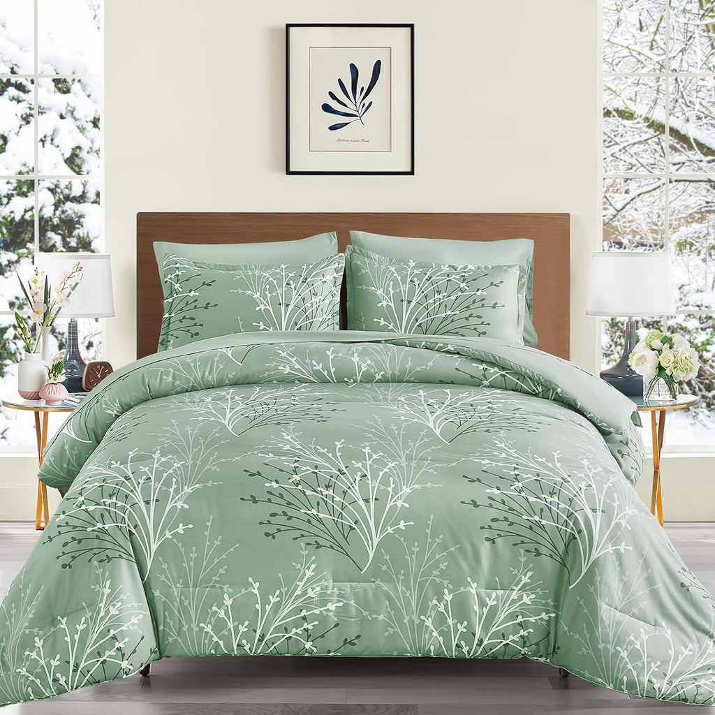 DJY Sage Green Comforter Set 7 Piece Branch Botanical Bed in a Bag