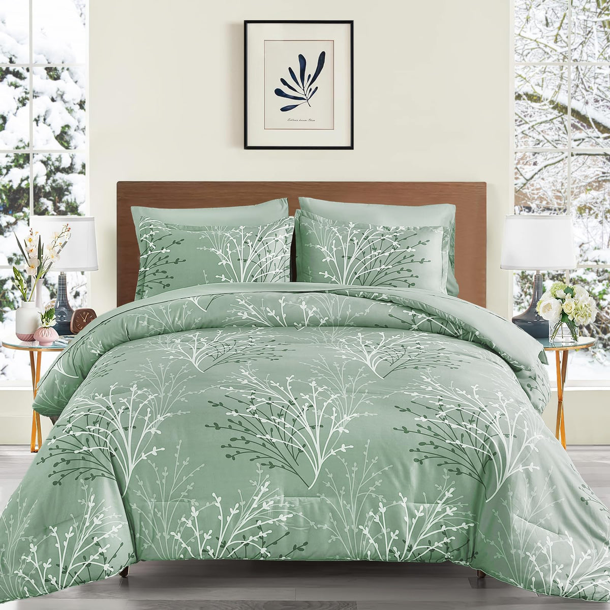 DJY Sage Green Comforter Set 7 Piece Branch Botanical Bed in a Bag