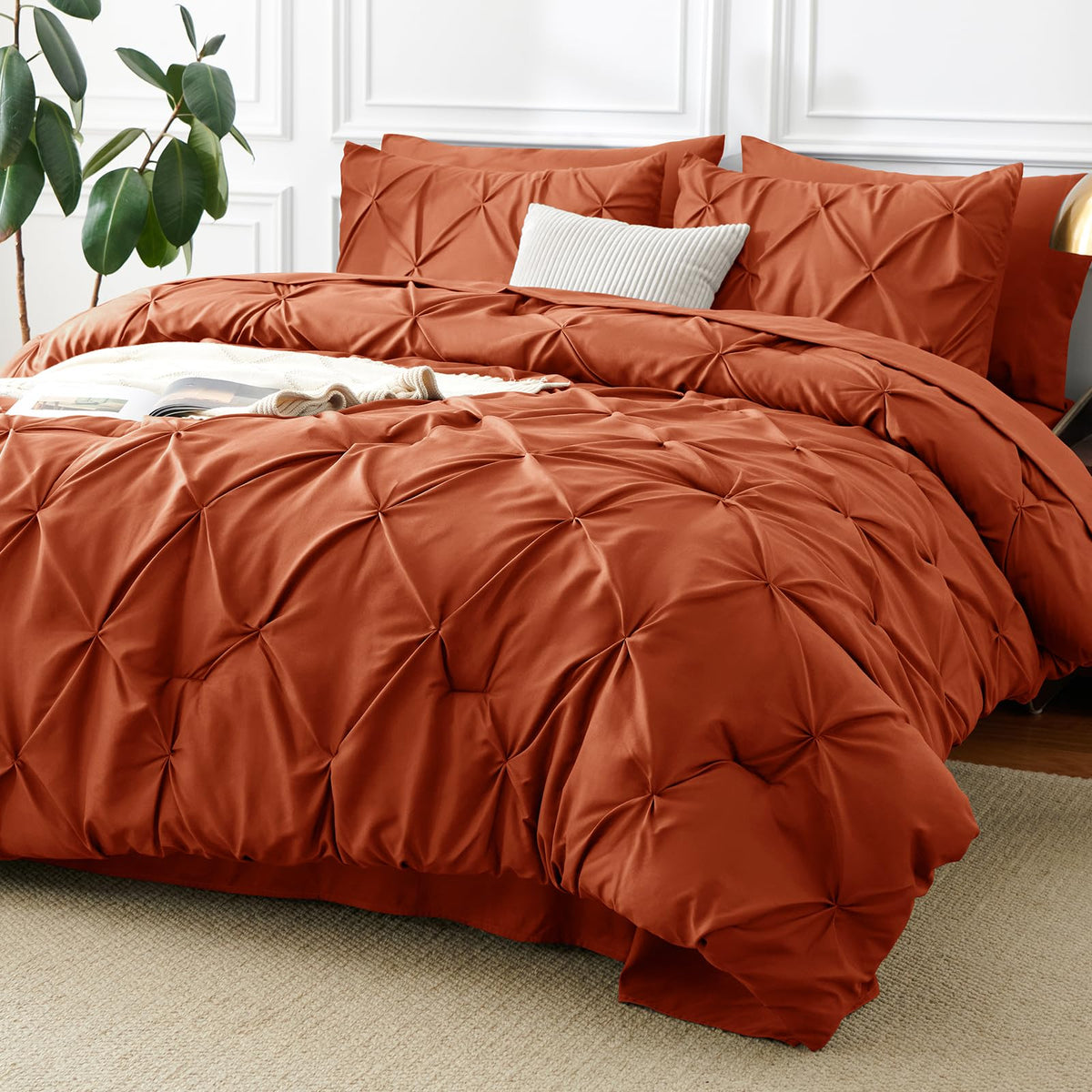 CozyLux Queen Comforter Set Black, 7 Pieces Pintuck Bed in a Bag
