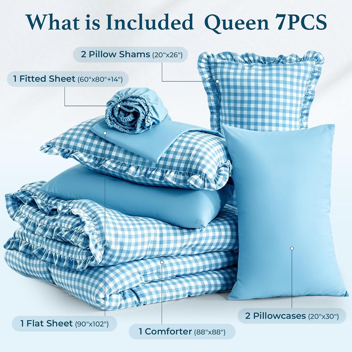 BDEUS 7 Pieces Gingham Ruffle Comforter Set Queen Size, Blue Grid Tartan Bedding Set, Soft Breathable Fabric Comforter with Flat Sheet, Fitted Sheet, 2 Pillowcases & 2 Shams, 88"X88"