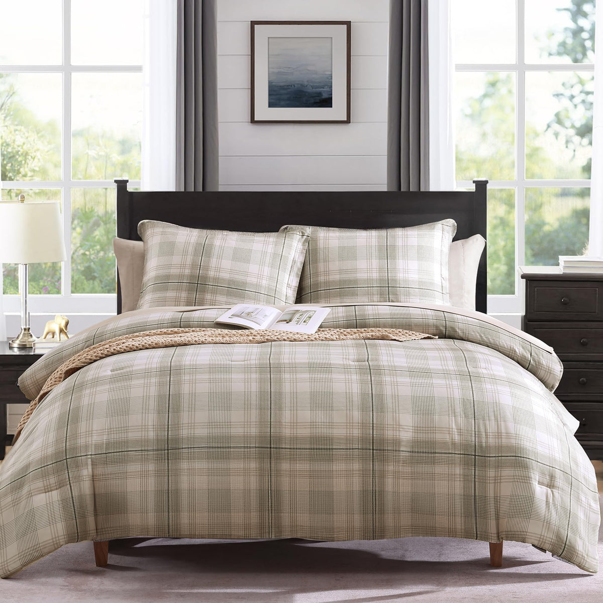 MaiRêve Plaid Queen Comforter Set Navy Blue 7 Pieces Bed in a Bag