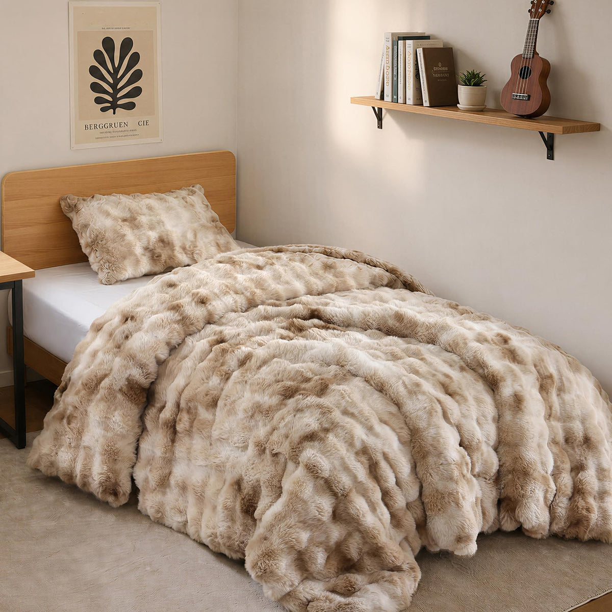 YIKUSH Queen Faux Fur Soft Comforter Set, Fluffy Linen Rabbit Fur Comforter