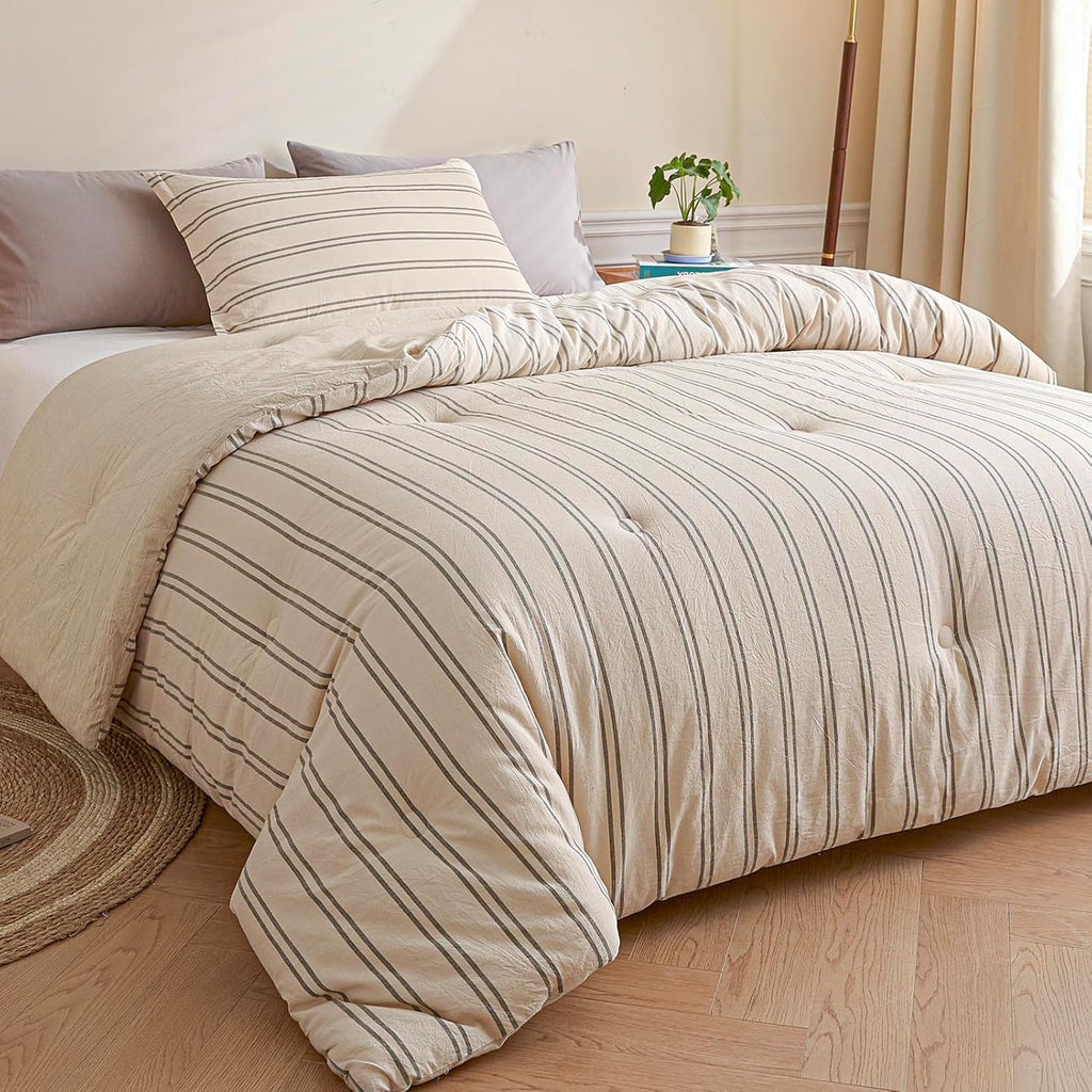 Cyusri Cotton Stripe Full Comforter Set - Soft Lightweight Bedding 3 Pieces Dyed Bed Set with 2 Pillow Shams,Reversible All Season Farmhouse Down Alternative(Full Size 80"x90" Beige)