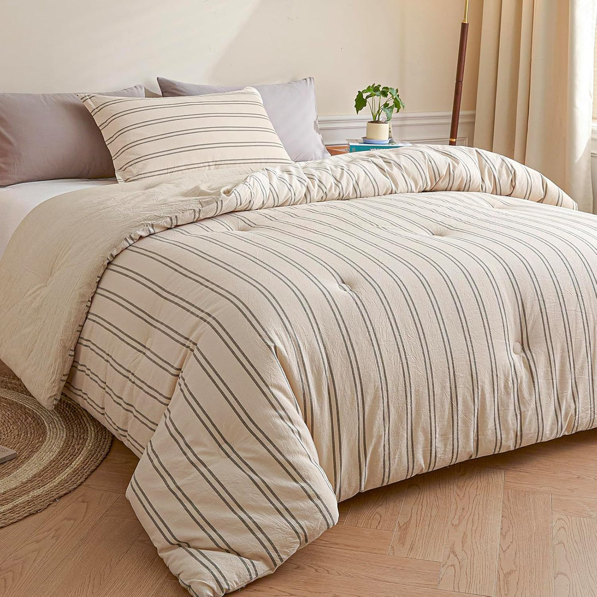 Cyusri Cotton Stripe Full Comforter Set - Soft Lightweight Bedding 3 Pieces Dyed Bed Set with 2 Pillow Shams,Reversible All Season Farmhouse Down Alternative(Full Size 80"x90" Beige)