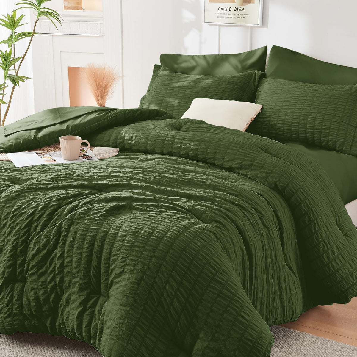 King Comforter Set - 7PCS Bed in a Bag, Seersucker Bedding Set, Dark Grey