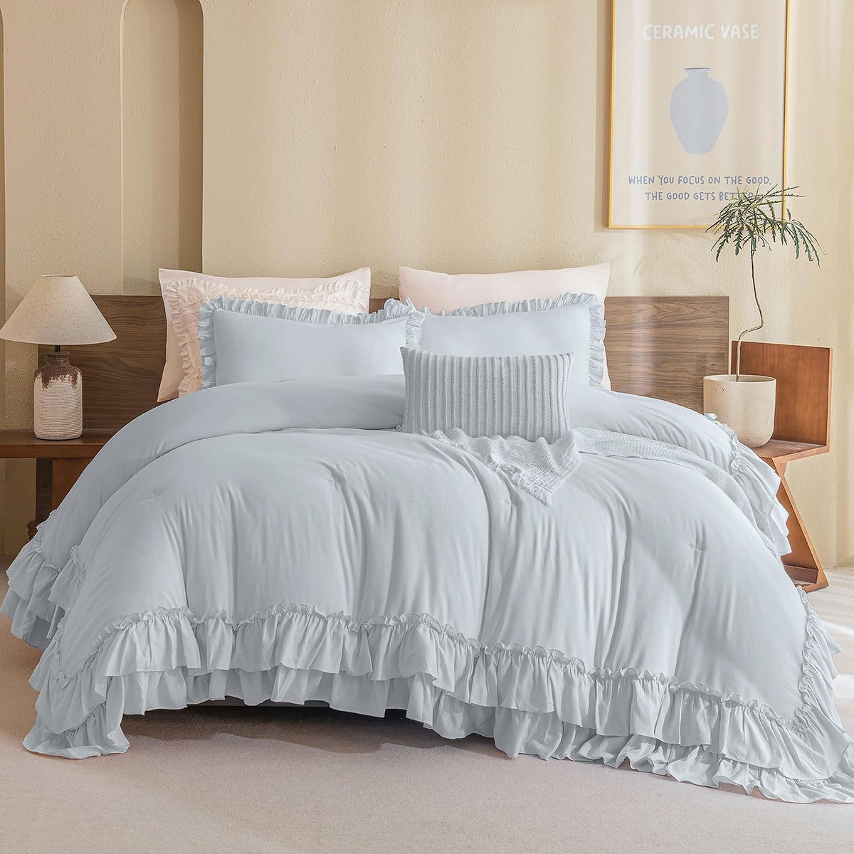 QSH Queen's House Light Blue Farmhouse Ruffled King Size Comforter Set,Lightweight Microfiber Inner Fill Fluffy Boho Chic Bedding Comforter,Ultra Soft Microfiber Inner Fill Bedding