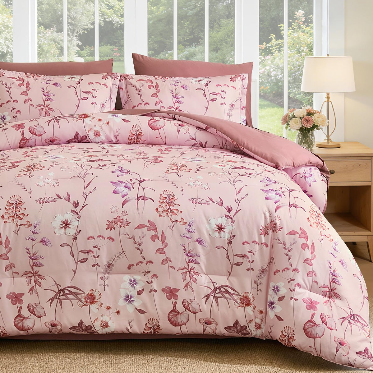 DJY Floral Comforter Set Queen Size,Brown Botanical Bedding Sets