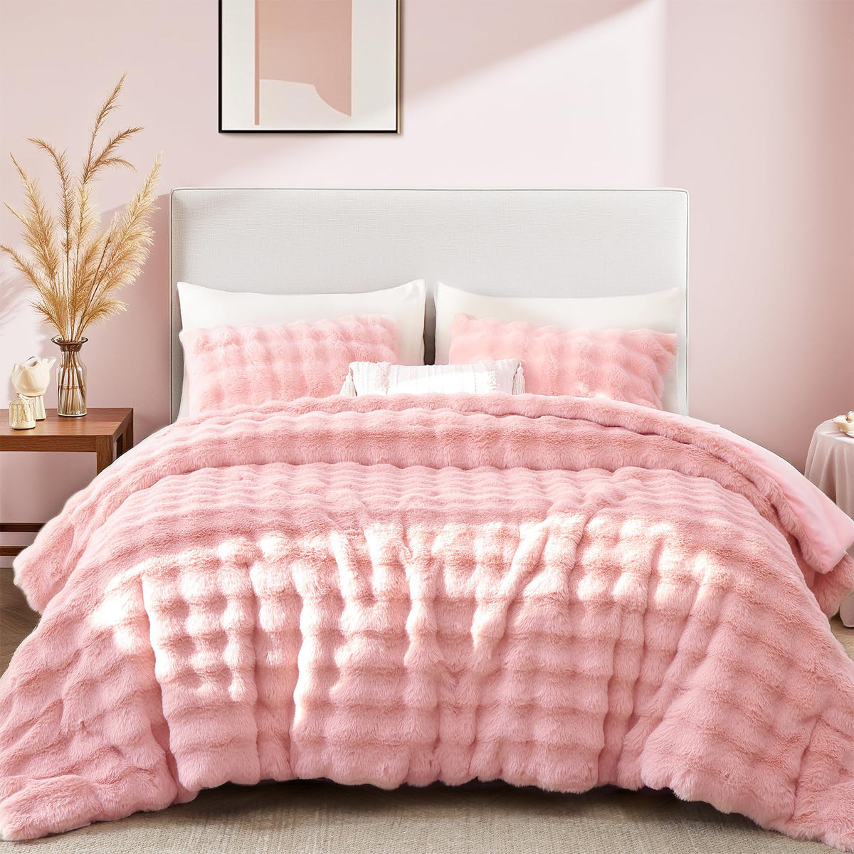 YIKUSH Queen Faux Fur Soft Comforter Set, Fluffy Linen Rabbit Fur Comforter