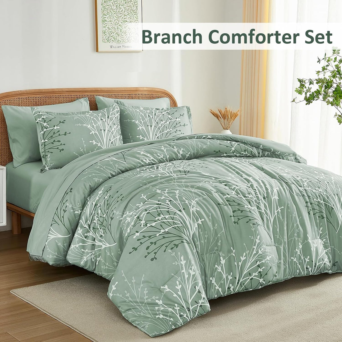 DJY Sage Green Comforter Set 7 Piece Branch Botanical Bed in a Bag